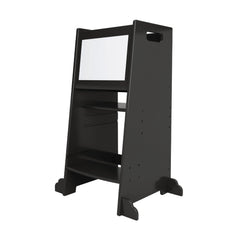 Toddler kitchen helper has a built-in blackboard for creative activities.