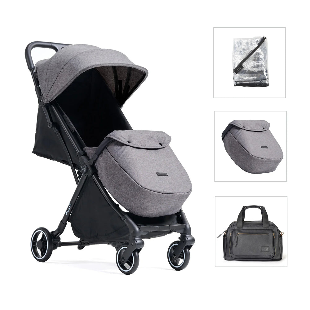 Flick Auto-Fold Stroller Bundle with Footmuff + Raincover + Changing Bag - Grey