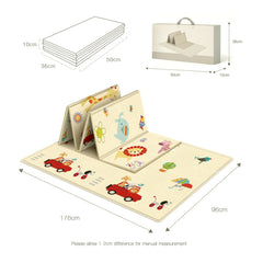 Top-down view of Allis play mat neatly folded next to its storage carry bag and dimensions