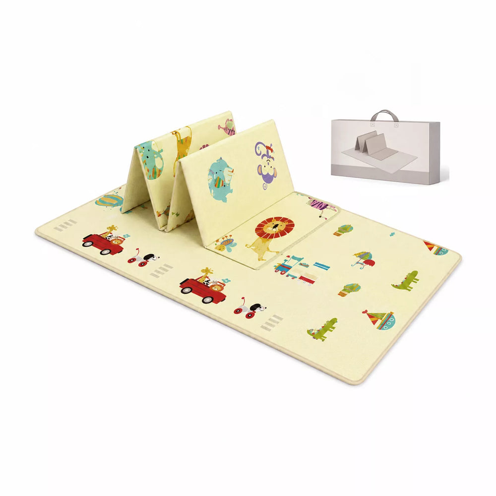 Allis double-sided folding play mat shown partially folded with matching carry bag