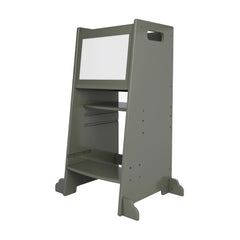 Learning tower with adjustable heights and blackboard for toddlers.
