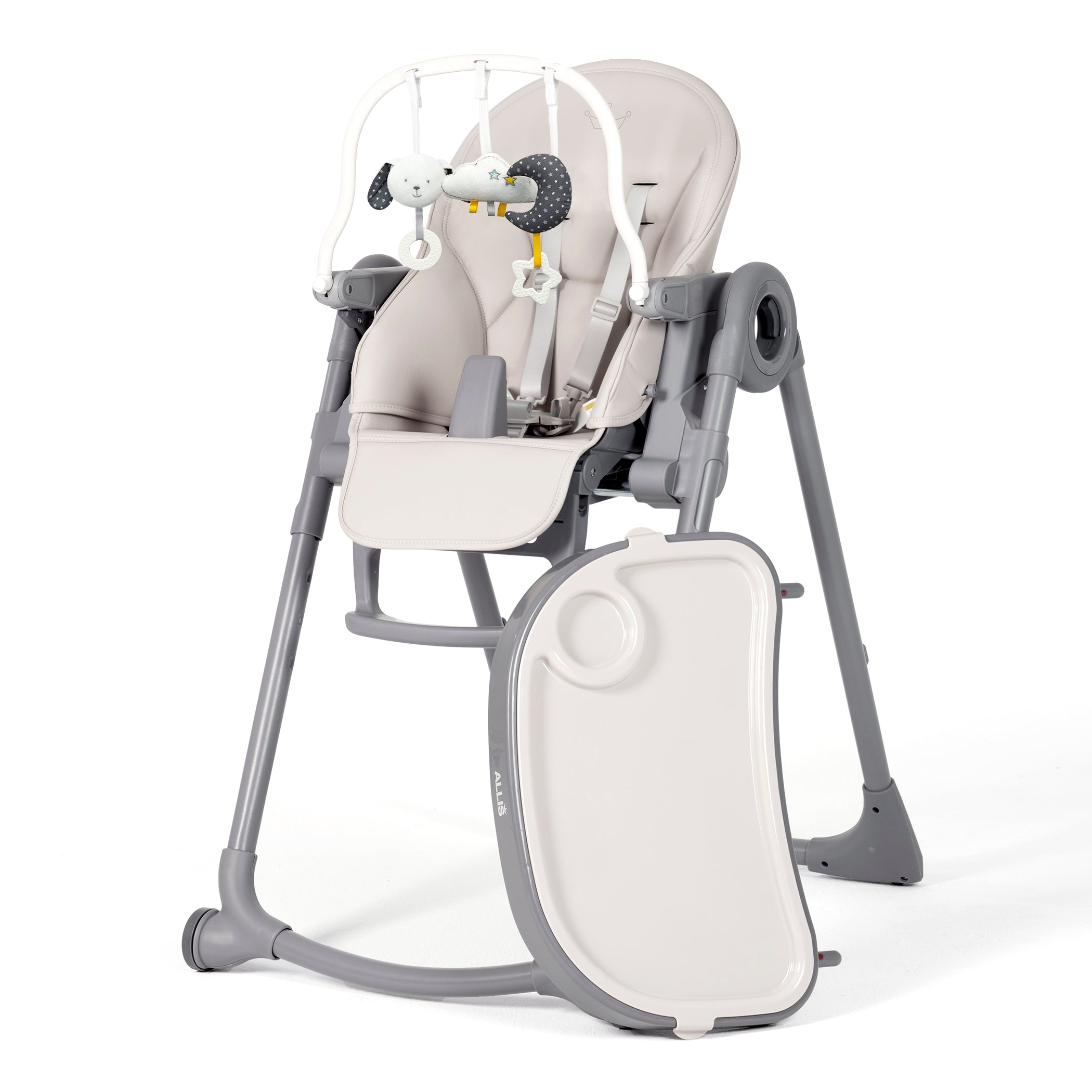 Lola Baby High Chair in light grey, multiple positions shown