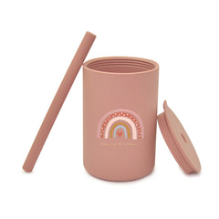 Silicone Straw Cup in Pink in a white background.