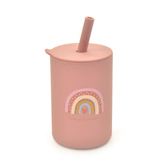 Silicone straw cup in pink with silicone straw.