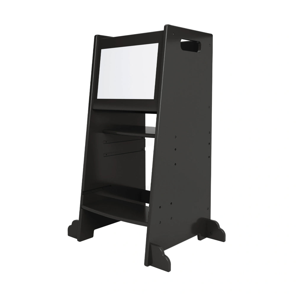 Toddler kitchen helper has a built-in blackboard for creative activities.