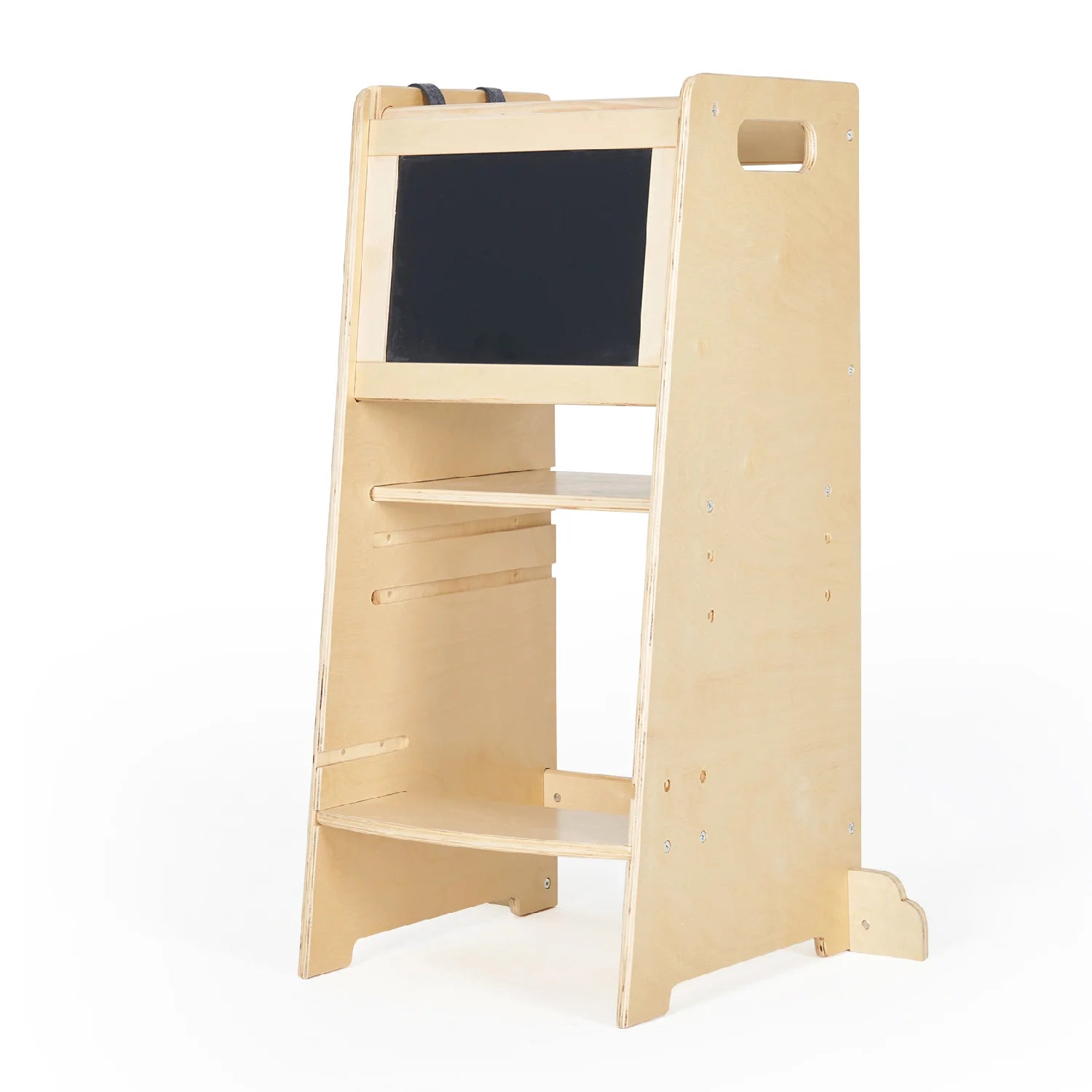 Wooden toddler learning tower with blackboard and shelves