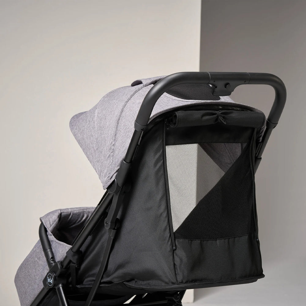 Back view of stroller showing large canopy coverage