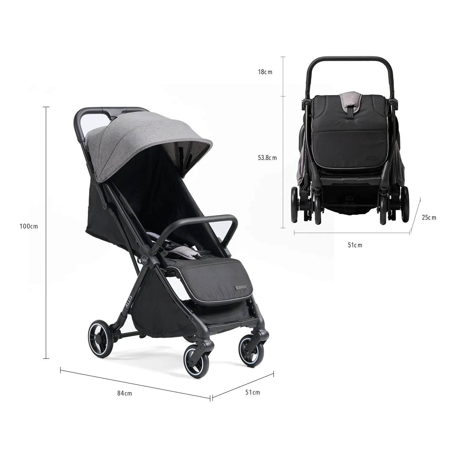 Dimension of the allis baby flick auto fold stroller in grey colour.