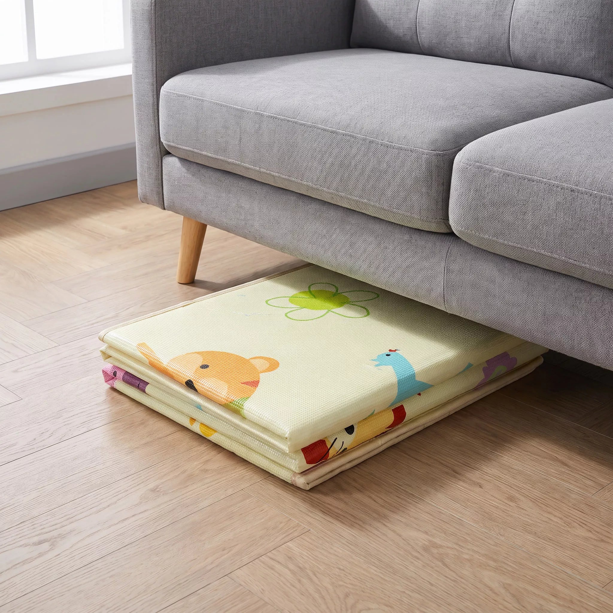 Allis play mat folded compactly placed on living room floor — easy storage size