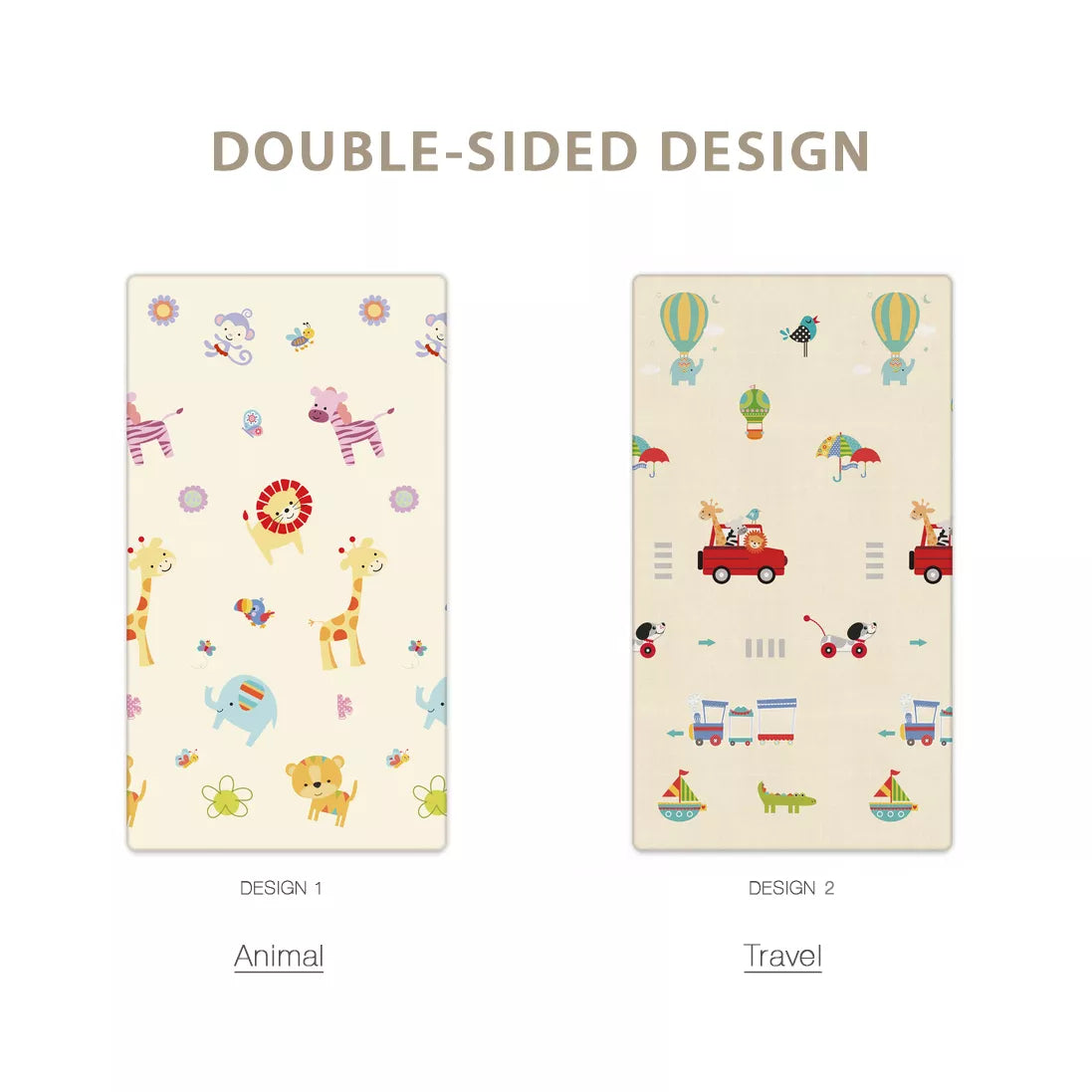 Side-by-side showing both designs — animal side and travel side of the Allis play mat