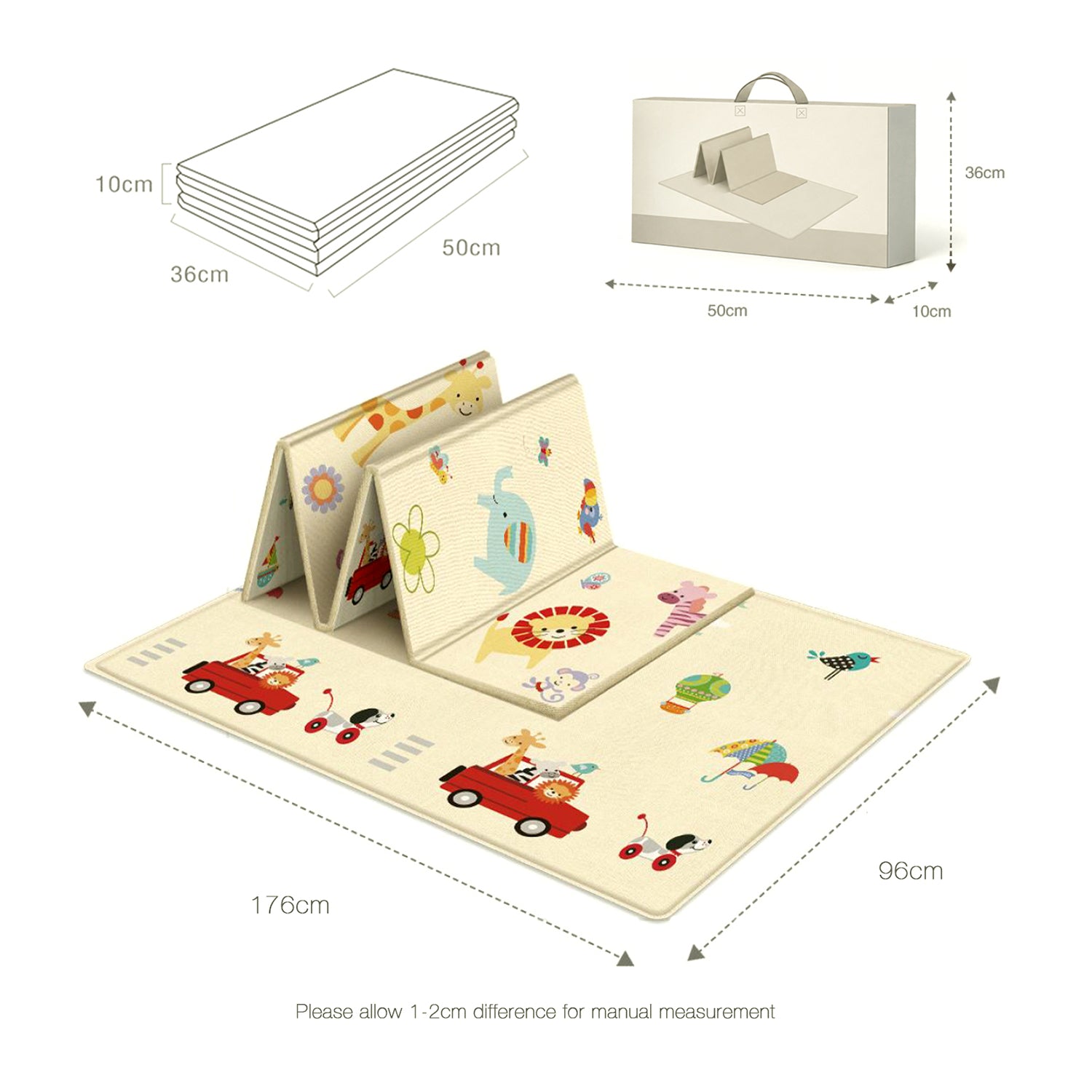 Top-down view of Allis play mat neatly folded next to its storage carry bag and dimensions