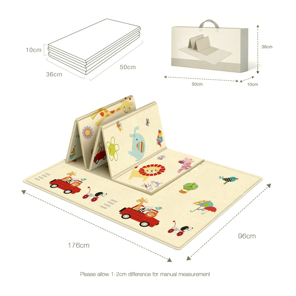Top-down view of Allis play mat neatly folded next to its storage carry bag and dimensions