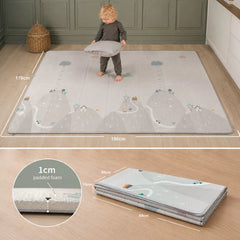 Spacious neutral Mountain baby play mat in bright living room, toddler standing and playing