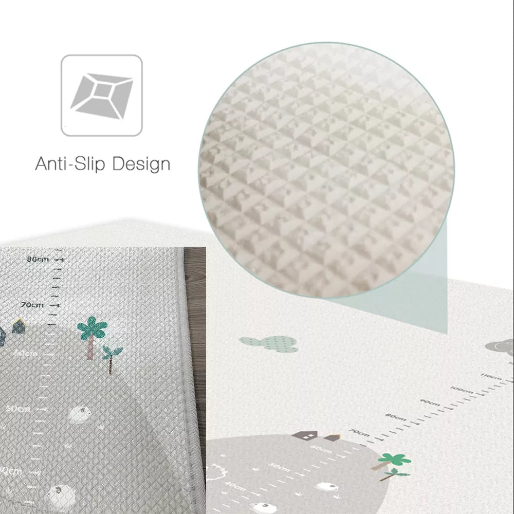Reversible Chessboard pattern side of soft baby play mat, gentle neutral checkered design