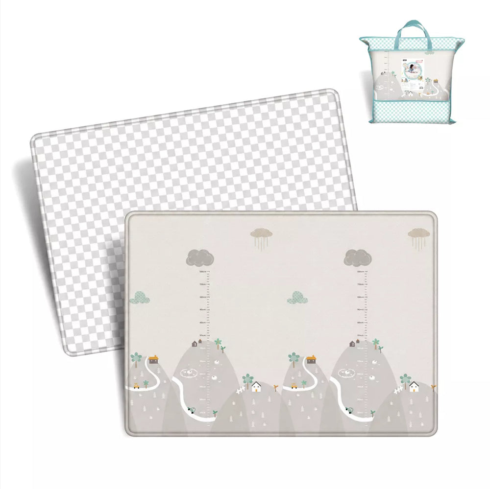 Extra large reversible baby play mat — Mountain Milestone side and Chessboard pattern side, with matching carry bag
