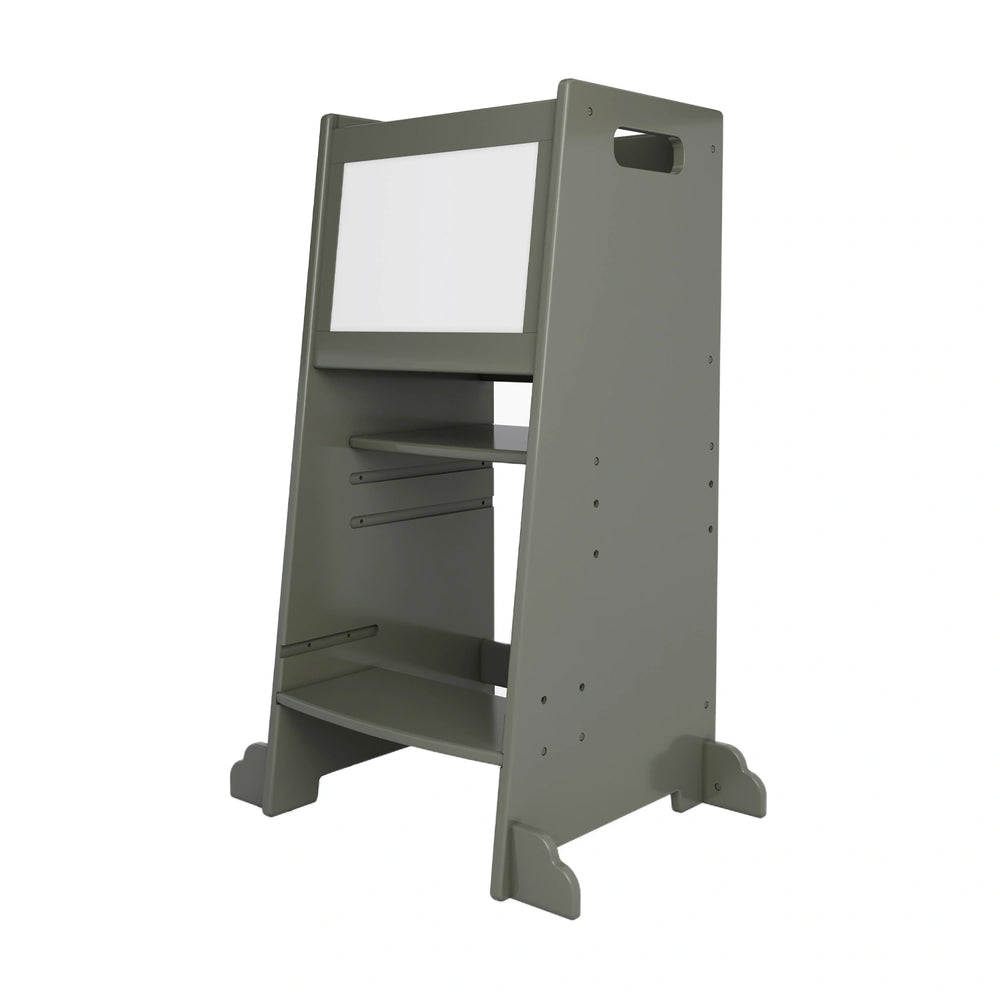 Learning tower with adjustable heights and blackboard for toddlers.