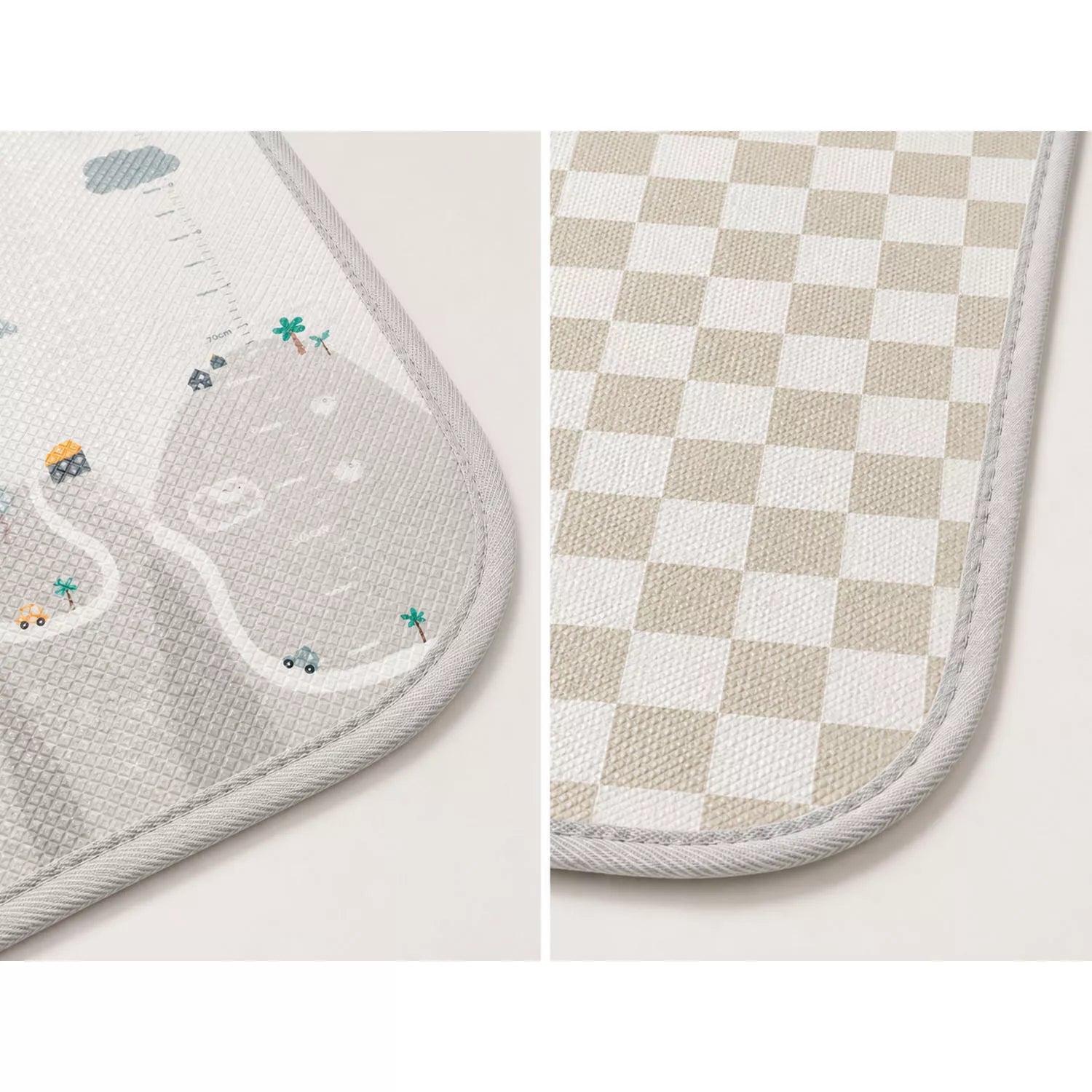 Close-up of 1cm thick durable stitched edge of XPE foam baby play mat, non-slip surface detail