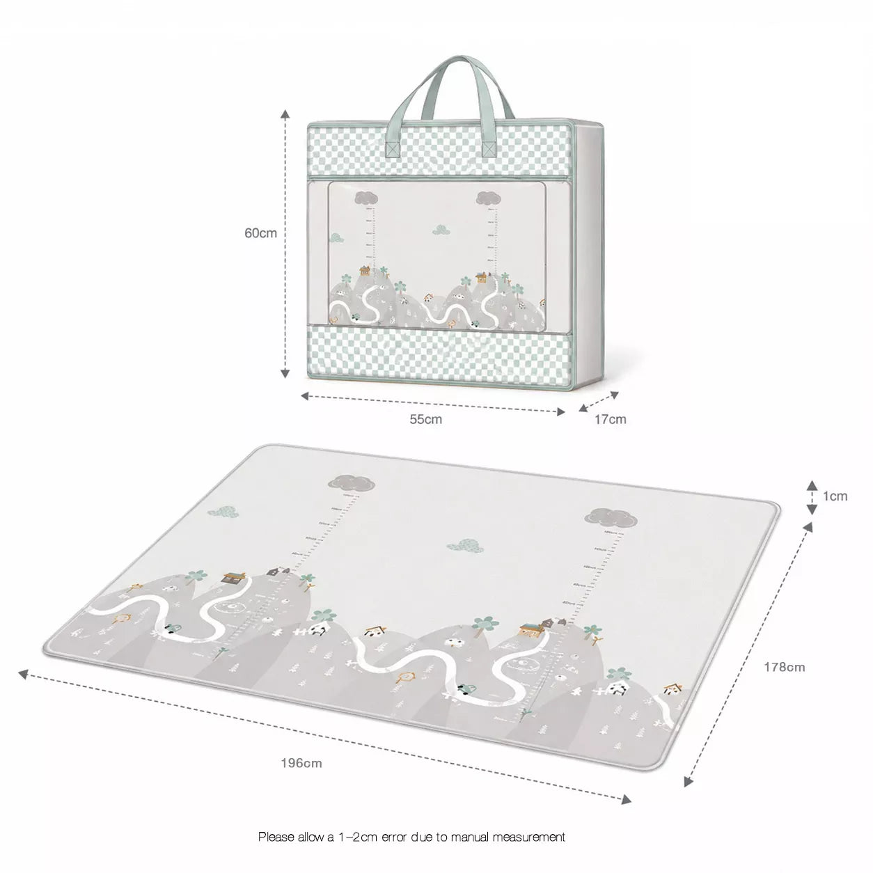 Top-down view showing unfolded size 196cm × 178cm of large reversible baby play mat