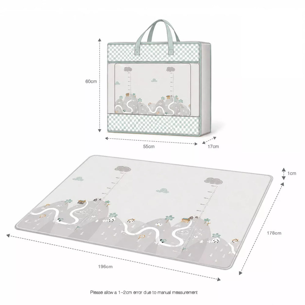 Top-down view showing unfolded size 196cm × 178cm of large reversible baby play mat
