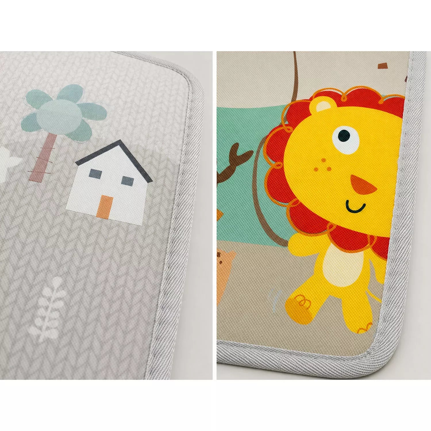 Bright Safari themed reverse side — lions, cars, hot air balloons on soft padded baby play mat