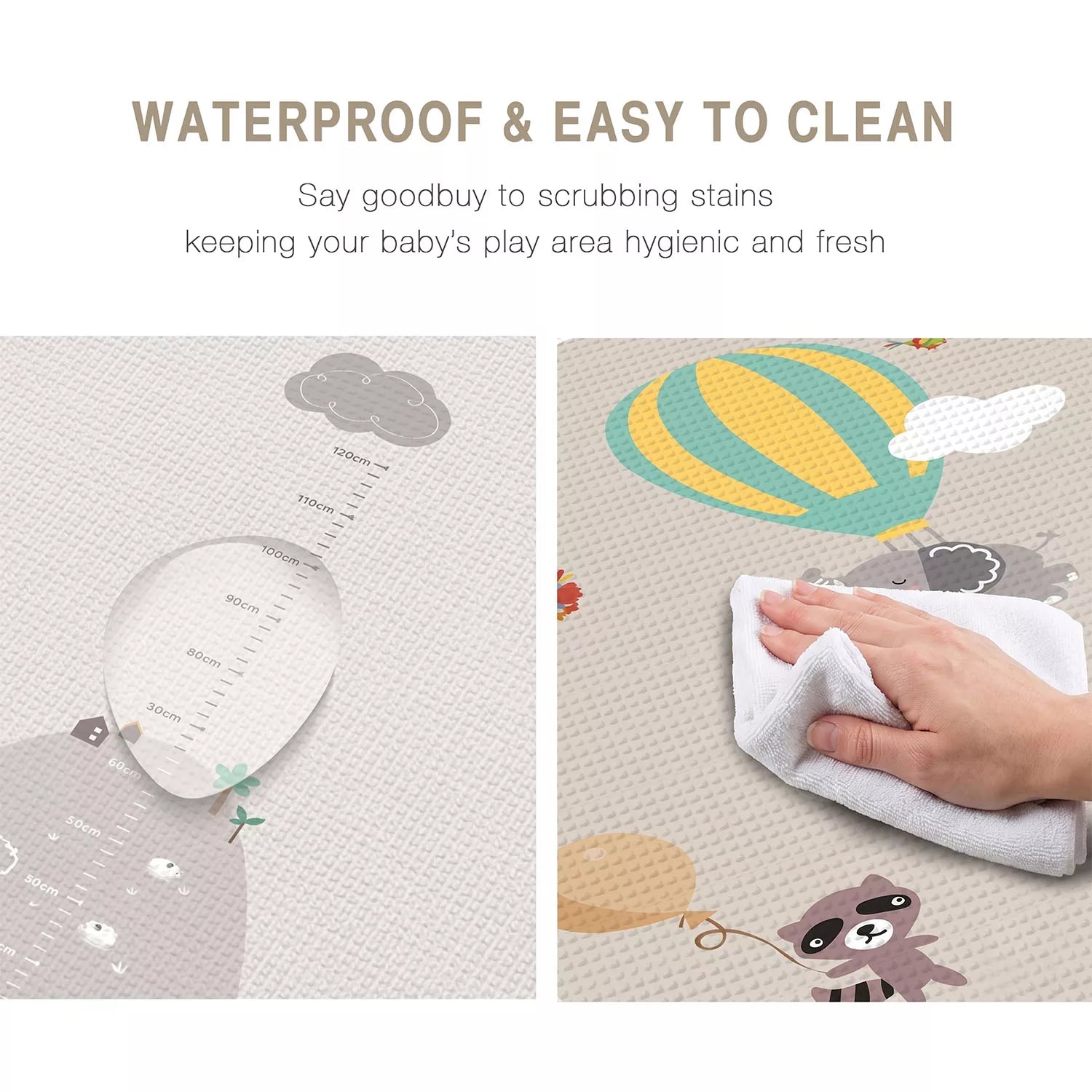 Wiping spill off waterproof baby play mat surface — easy to clean, hygienic for babies